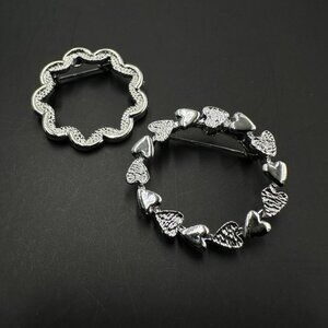Vintage Gerrys Heart Circle Brooch Set Silver Tone Textured Wreath Pin